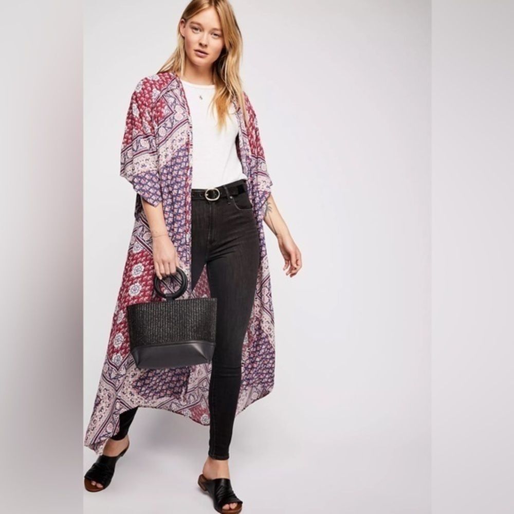 Free People Wander Free Robe Open Kimono Duster Medium Floral Paisley Bandanna